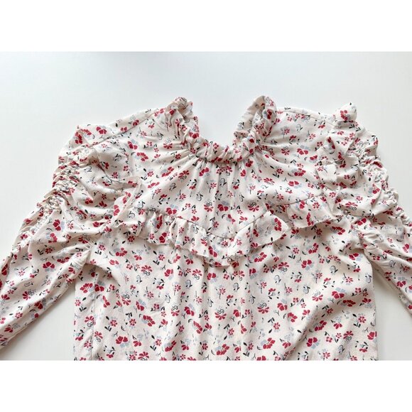 VERONICA BEARD Howell Red Floral Silk Ruffled Yoke Ruched Sleeve Blouse, Size 2 - Picture 10 of 16